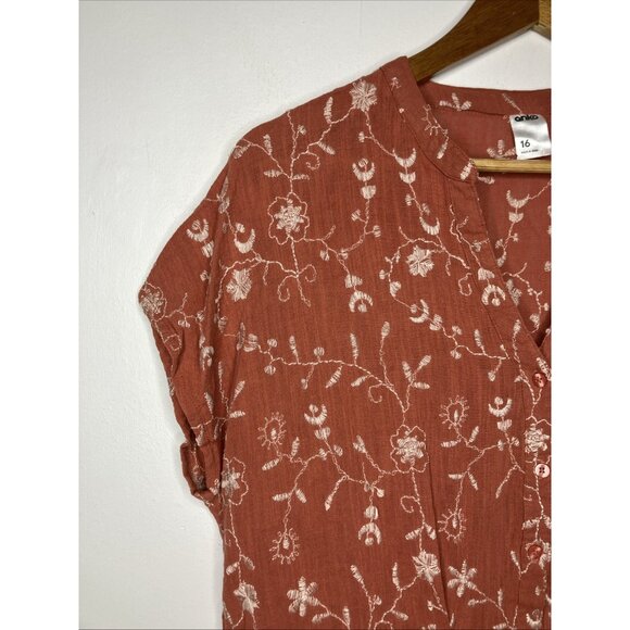 Anko Dress Coral Floral Embroidered Women's Size 16 Button Front Tie - Picture 4 of 10